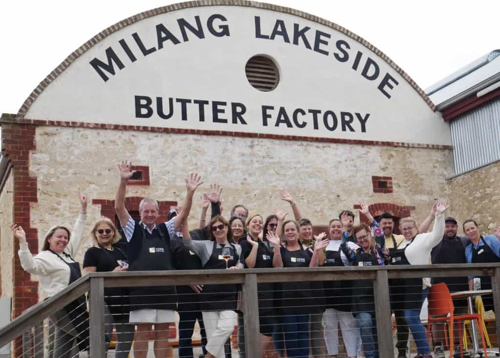 A fun group of cooking class guests at the Lakeside Butter Factory, Milang