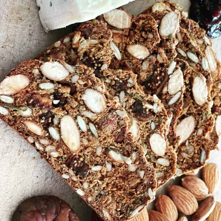 Artisan nut and seed granola bar with almonds and chia seeds, perfect for healthy snacking and breakfast.