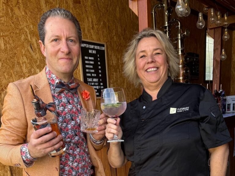 Dapper Chap distiller David and Jackie raise a gin and tonic at the Normanville cellar door