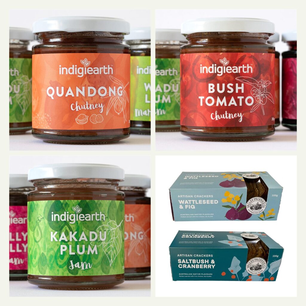 Indigiearth quandong chutney, bush tomato chutney and Kakadu plum jam with Valley Produce wattleseed and fig and saltbush and cranberry crackers