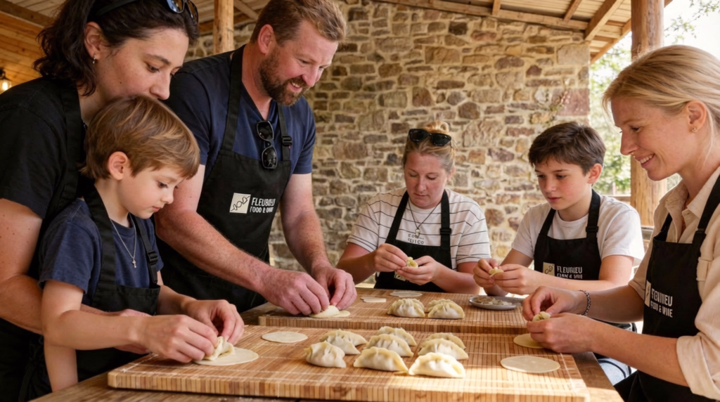 Family learning to make dumplings during a pasta-making class at Fleurieu Food & Wine