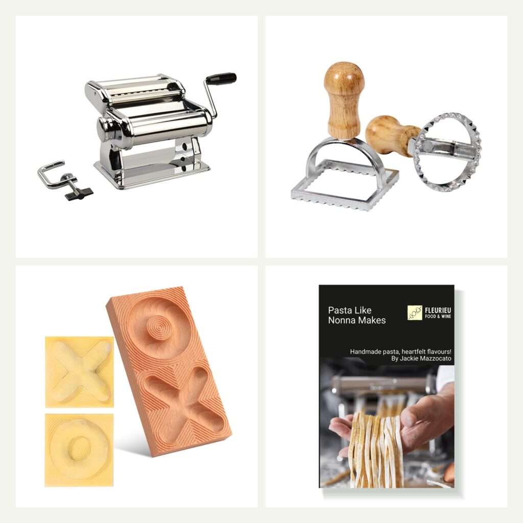 Avanti pasta machine, ravioli cutters, wooden ravioli mould and the Pasta Like Nonna Makes cookbook