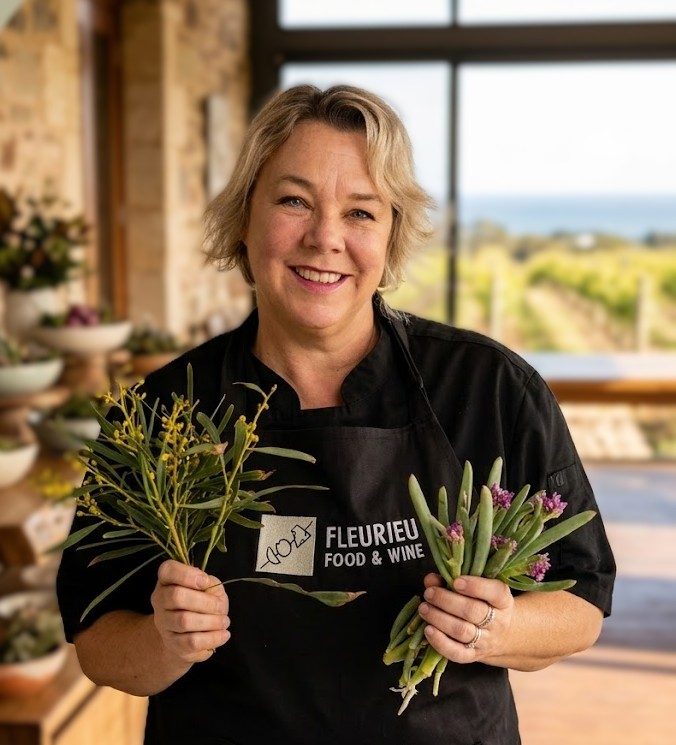 Jackie Mazzocato of Fleurieu Food and Wine holding native ingredients at a McLaren Vale cellar door