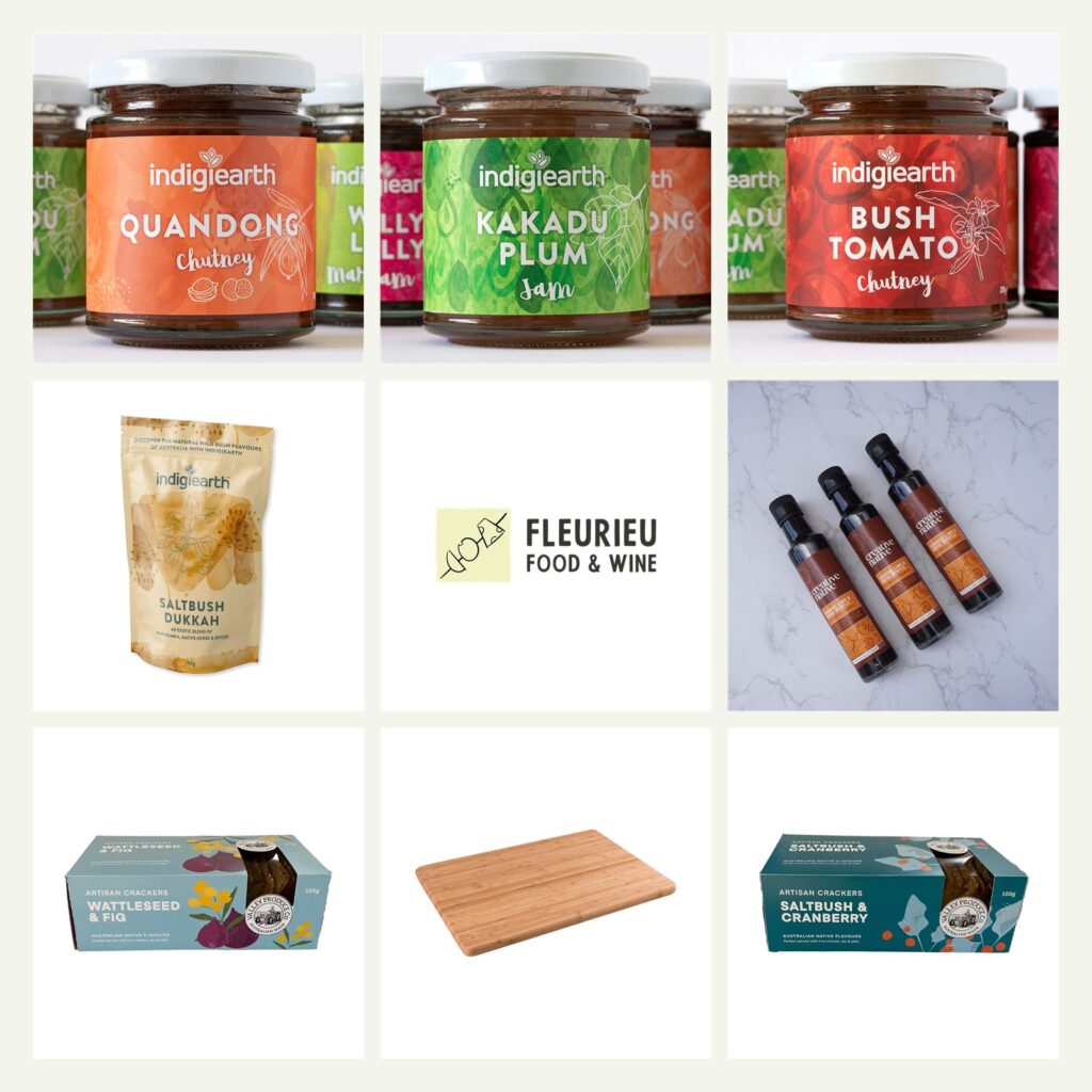 Native Christmas gourmet box: three Indigiearth jars, saltbush dukkah, sunrise lime balsamic, two boxes of native crackers and a bamboo board