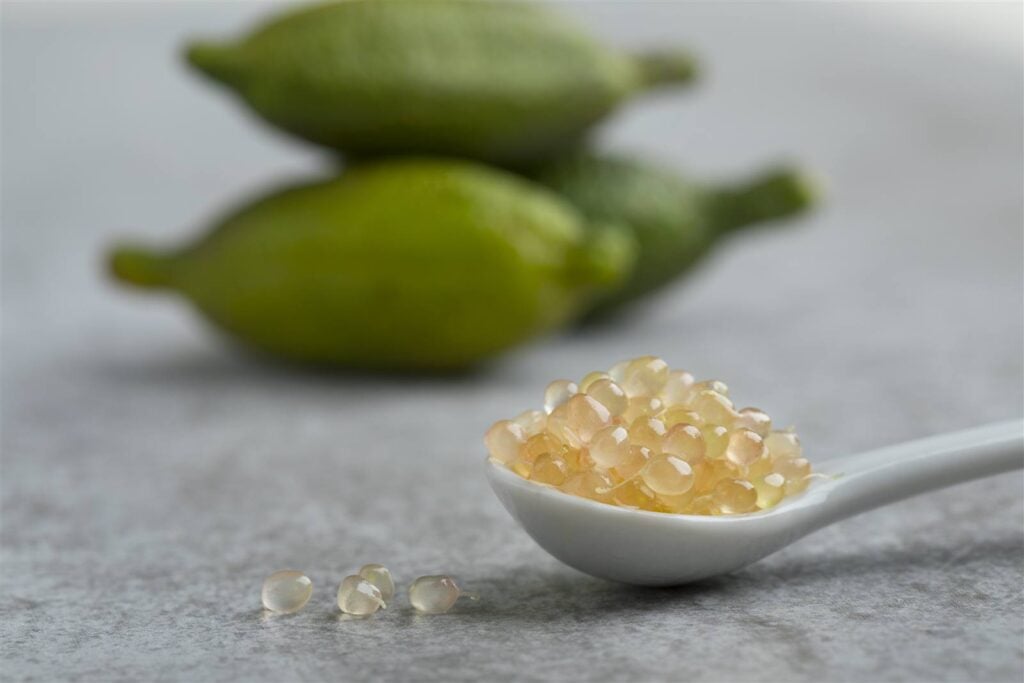 Native finger lime caviar on a spoon at a Fleurieu Food and Wine native dining experience