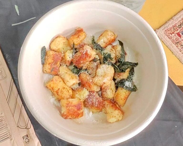 A bowl of potato gnocchi tossed in burnt butter with crisp sage leaves and grated parmesan, made by a guest at a Fleurieu Food and Wine gnocchi cooking class