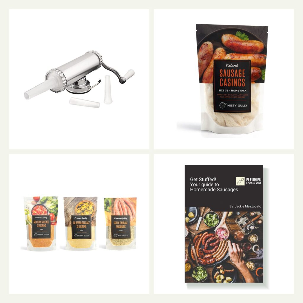 Avanti sausage maker, Misty Gully casings, three Misty Gully seasonings and the Get Stuffed cookbook